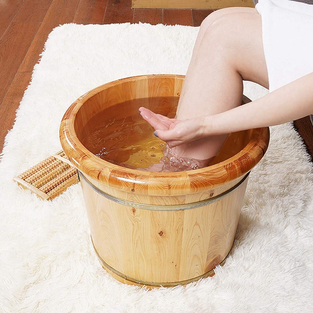 Fußbad-Spa-Fußbadewanne mit Deckel, Fußbad aus Holz, Fußfass, Massage-Pediküre-Spa-Becken zum Einweichen müder und schmerzender Füße, Fußbad-Eimer und Einweichschale, 30 cm,Beige+with Lid