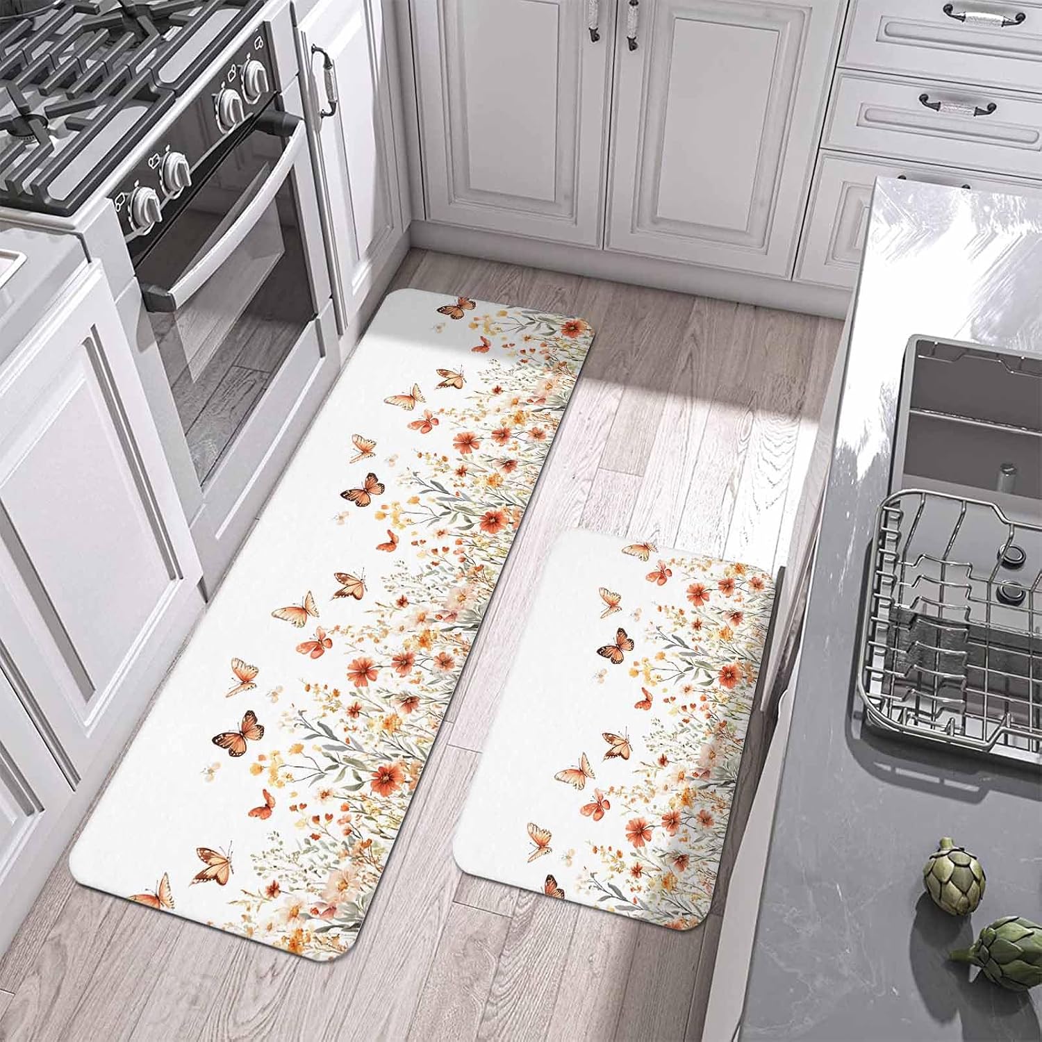 Prime Leader Orange Flower Kitchen Mat Set 2 Pieces Watercolor Butterfly Wildflower Pastoral Style Non Slip Kitchen Rugs Washable Runner Rug Mats for Sink Laundry (19.7" x 31.5"+19.7" x 47.2")
