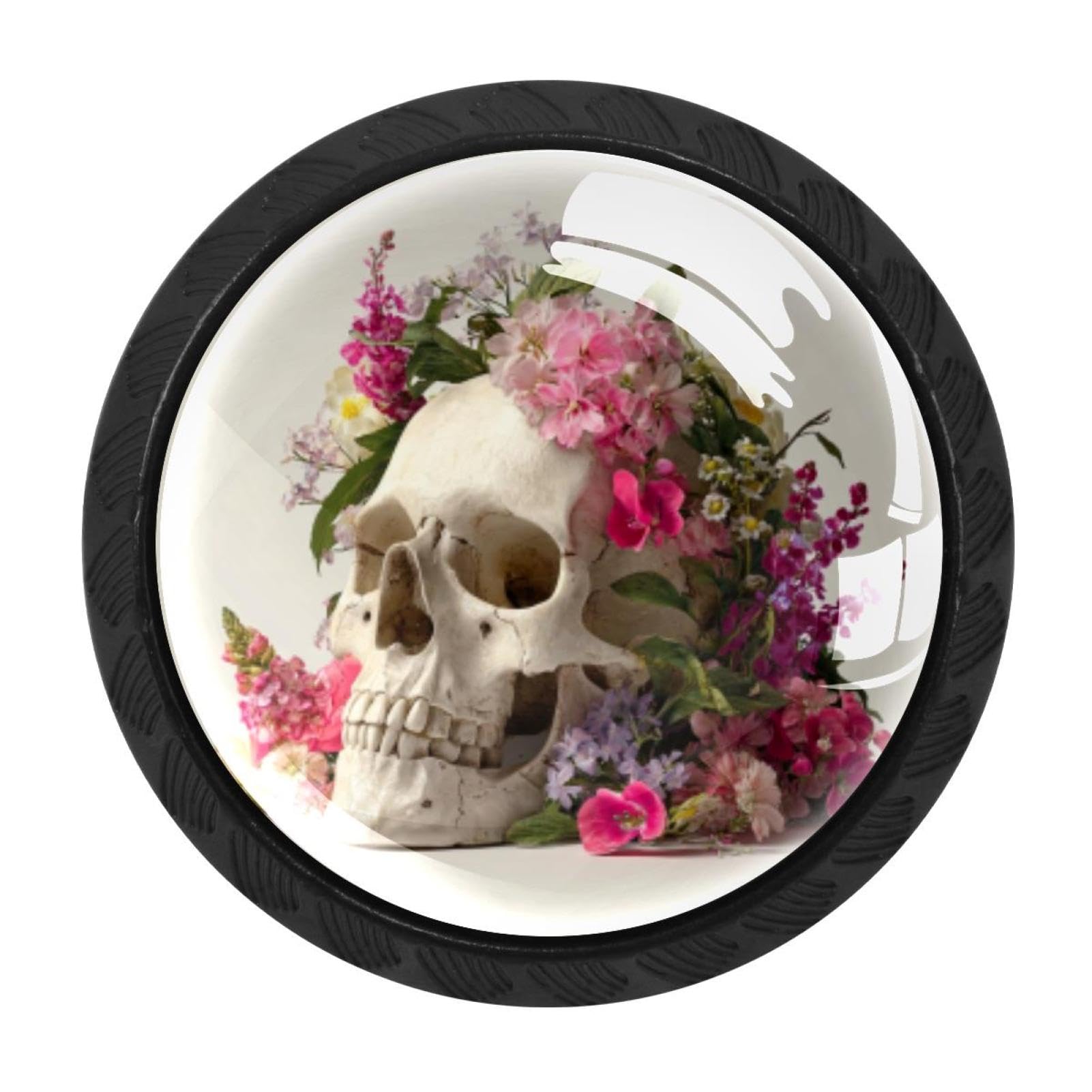 CHENZZZZ 4 Pack Cabinet Handles Black Skull and Flowers (3) Cabinet Knobs Draw