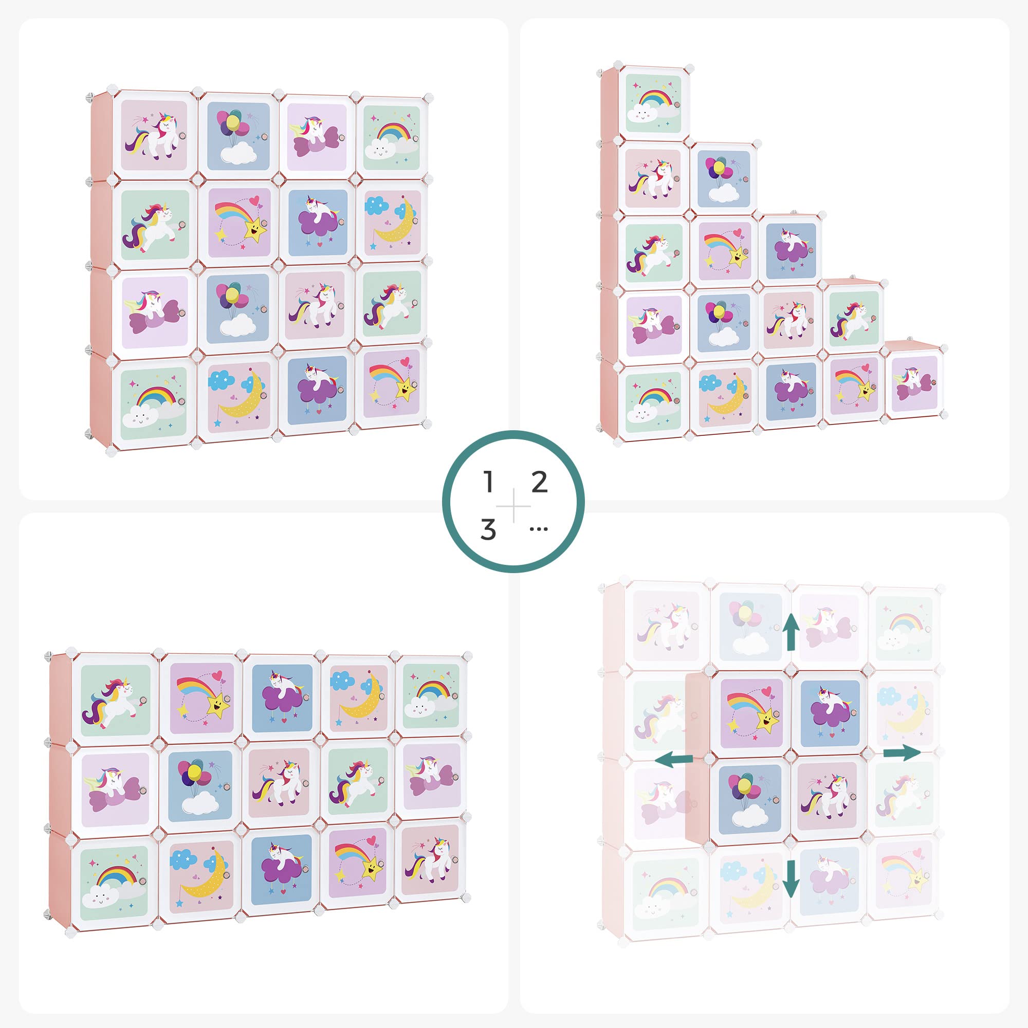 SONGMICS Meuble Rangement Enfant 16 Cubes, Armoire Modulable avec Portes, Étagère en Plastique, pour Jouets, Vêtements, Chaussures, Sacs d'École, 123 x 31 x 123 cm, Rose LPC906P01