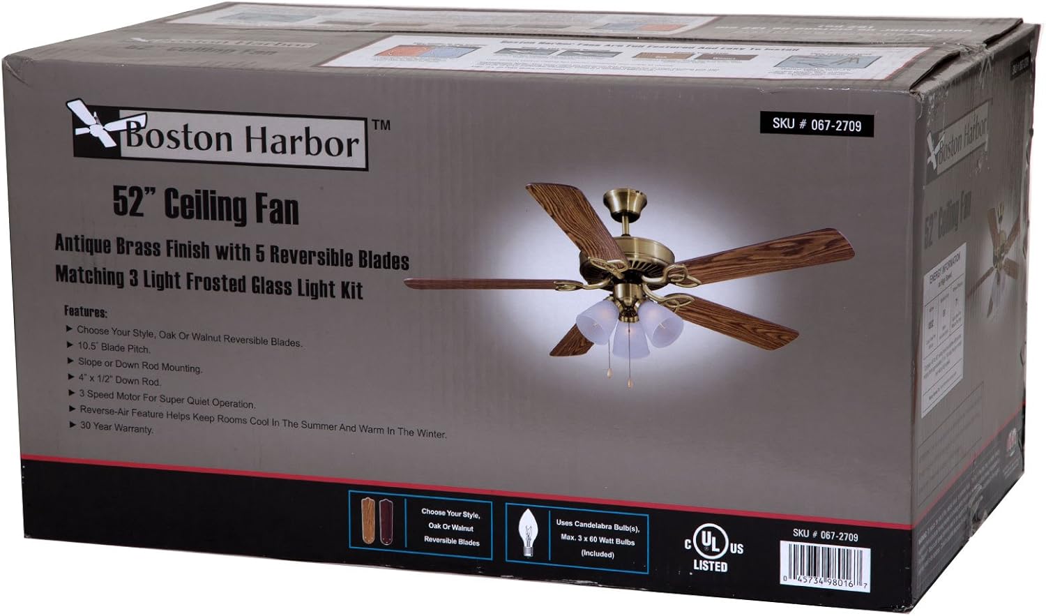 BOSTON HARBOR CF-78042 672709 Ceiling Fan Light Kit, Candelabra, 3, 60 W Lamp, 17-1/4 in H X 52 in W, Antique Brass