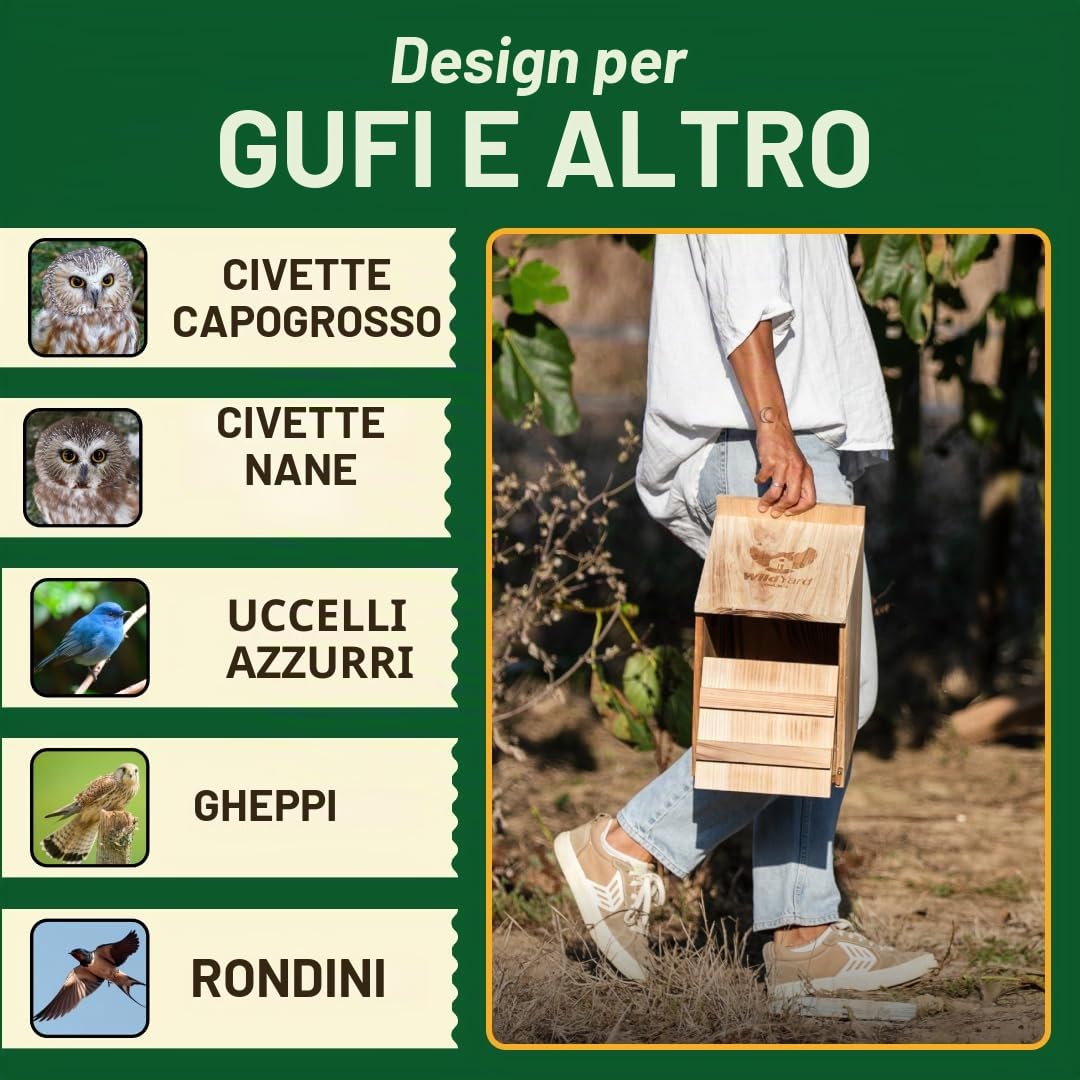 WildYard Casetta per gufi, in legno di cedro, già assemblata, facile da appendere e pulire, include trucioli di legno e viti
