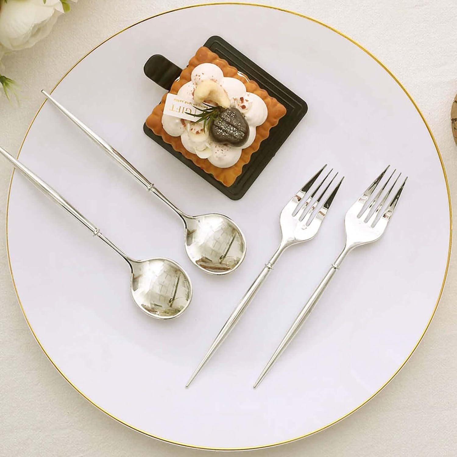 Efavormart 24-Pack 6" All-Silver Metallic Plastic Fork and Spoon Set; Sleek Heavy-Weight Dessert Silverware for Modern Winter Weddings and Contemporary Fine Dining Events
