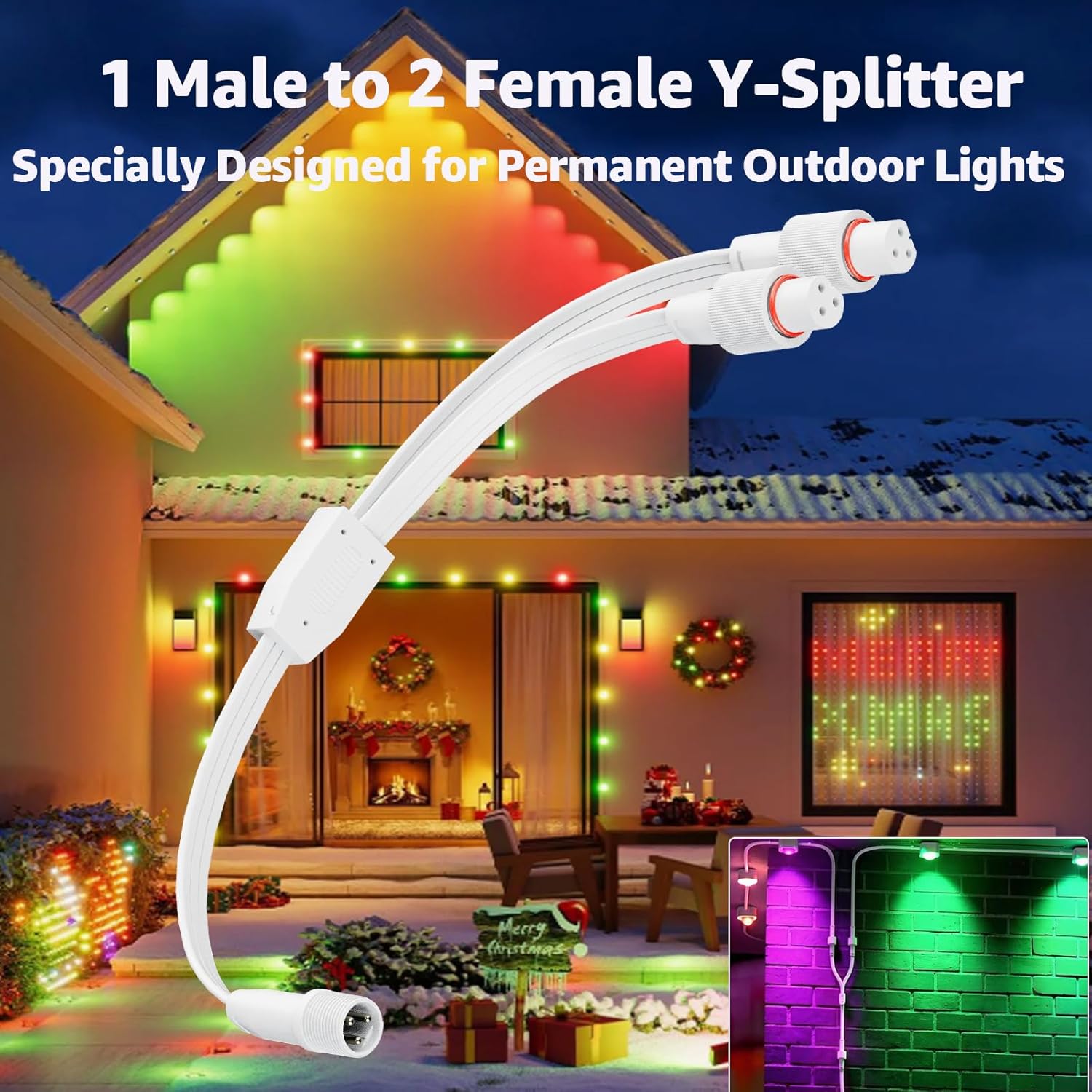 Y-Splitter Extension Cable for Govee Permanent Outdoor Lights Pro(1 Male to 2 Female) IP68 Waterproof Y-Shaped Connector Cord Compatible with Govee H705D H705E H705F H805A H805B H805C (White)