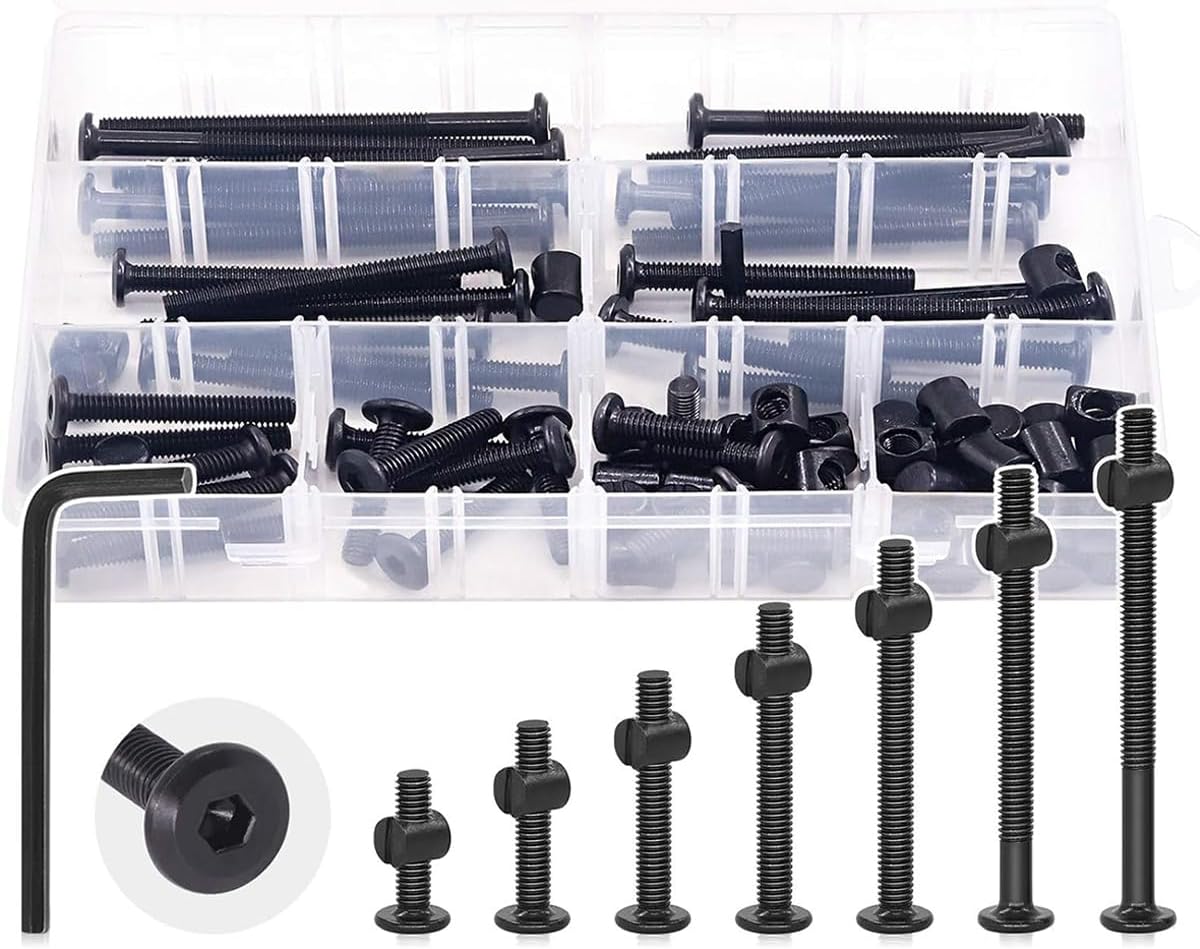 141Pcs Crib Hardware Screws, M6 Black Socket Cap Screws Bolts Bucket Nuts Hardware Assortment Set For Furniture Crib Bolts Nuts Screws Chairs Table Cabinets