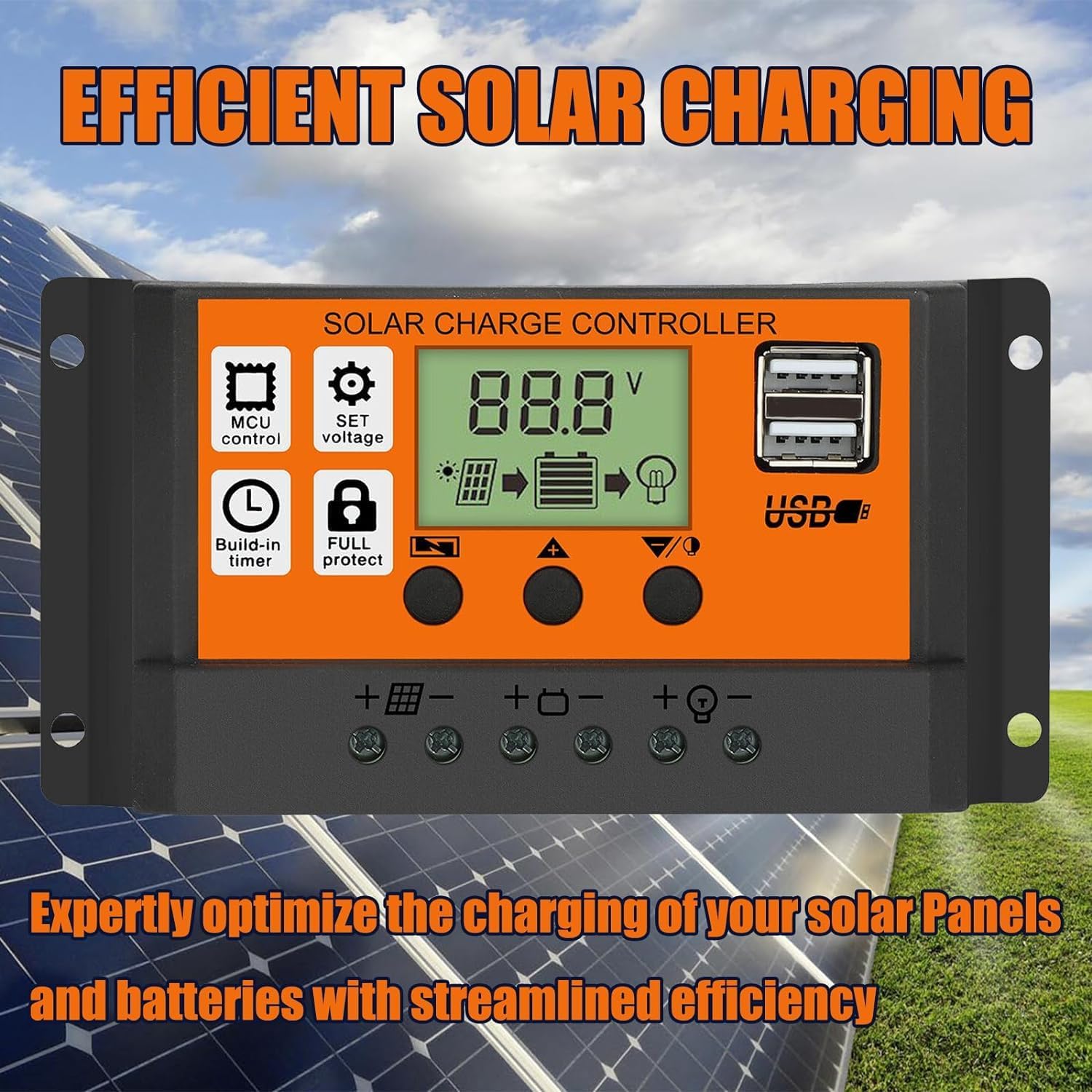 kh 30A Solar Charge Contoller 12V/ 24V Solar Panel Charge Controller Intelligent Regulator with Dual USB Port Auto Parameter LCD Display - Timer Setting ON/Off Hours (30 A) - Image 4 thumbnail
