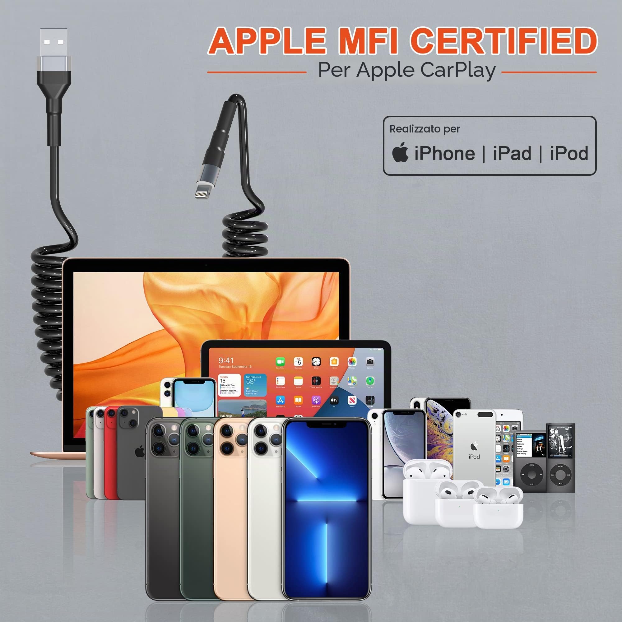 Cavo iPhone Spirale USB A a Lightning Compatibile con Apple Carplay [Certificato MFi], Sincronizzazione Dati e LED, Caricabatterie Retrattile per iPhone/iPad/AirPods