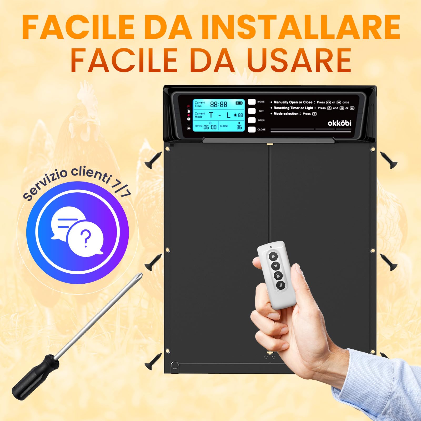 Porta Automatica Pollaio Extra Large Solare – Display LCD, Telecomando, Sensore di Luce, Timer & Funzione Antipizzicamento – Apertura 28,7 x 22,1 cm – Protezione 5 Anni – Nero - Okköbi