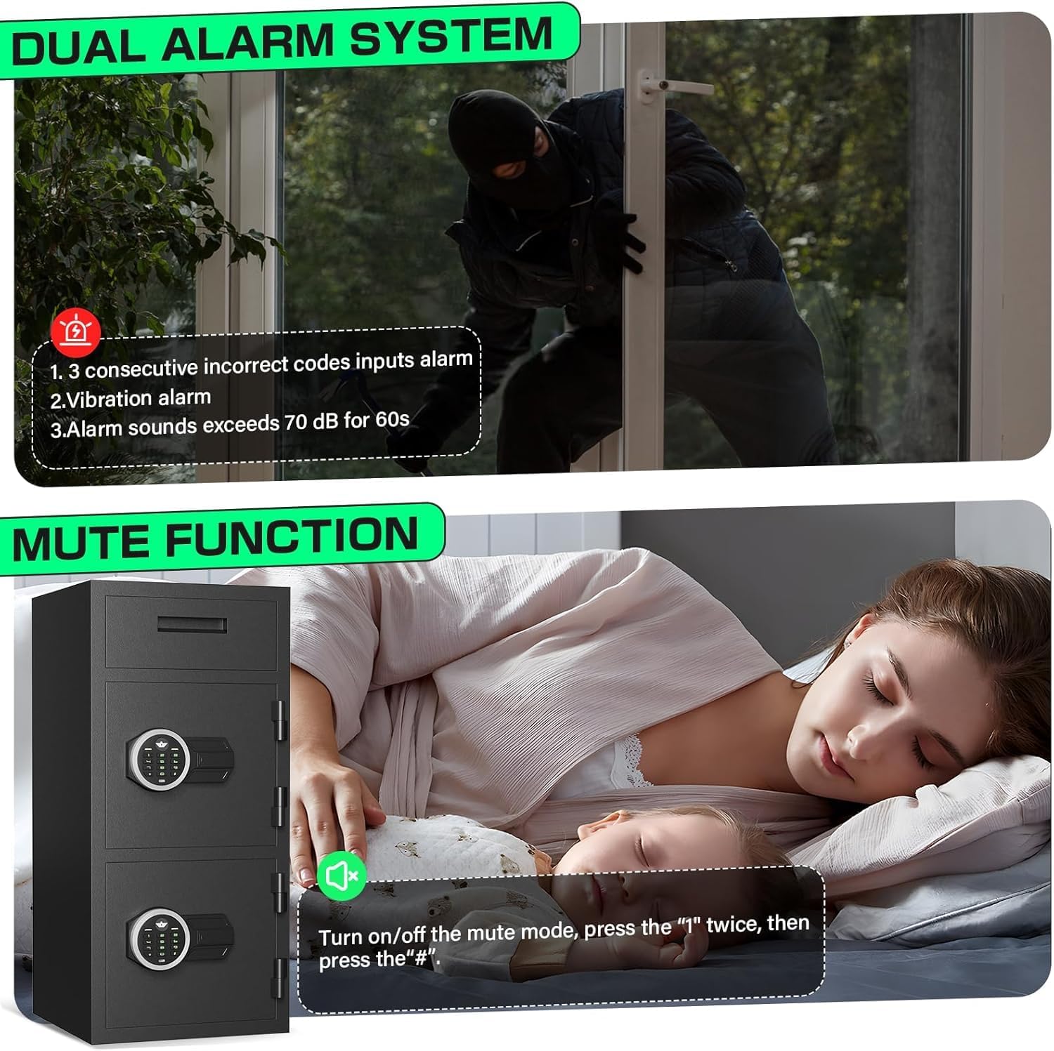 Image showing the dual alarm system and mute function of the kavey safe.
