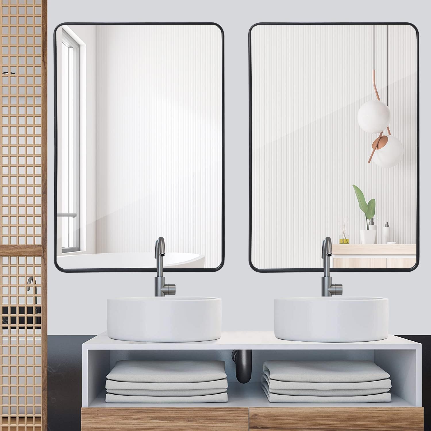 SUPER DEAL 24x36 Inch Black Wall Mirror for Bathroom, Wall Mounted Rectangular Entryways Decor Vanity Mirrors with Stainless Steel Metal Frame and Rounded Edge (2)