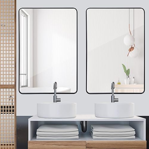 Miniatura 10 de SUPER DEAL Espejo de pared negro de 24 x 36 pulgadas para baño, marco de metal de acero inoxidable con esquina redondeada, espejos rectangulares