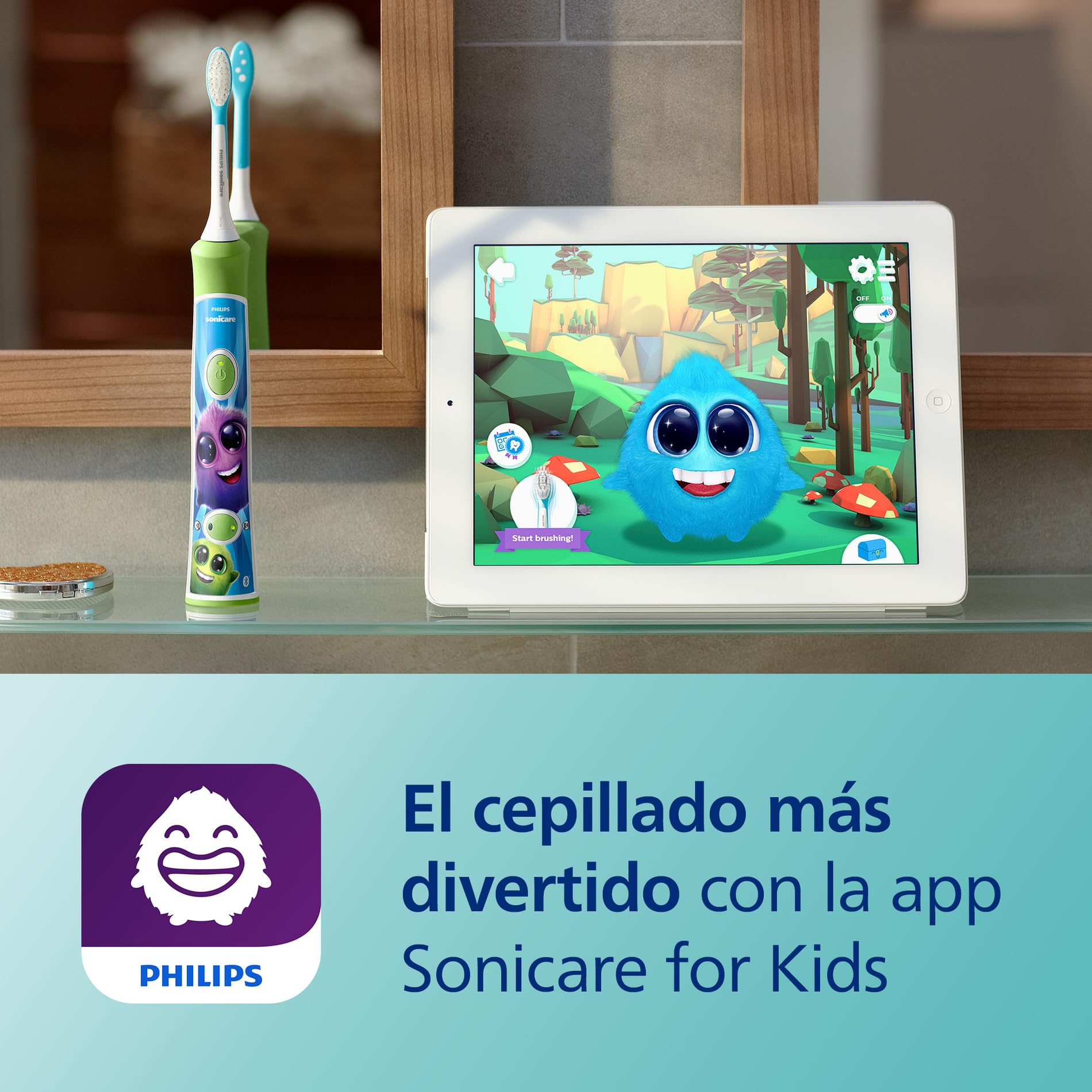 Philips Sonicare For Kids, cepillo de dientes eléctrico sónico con app, para niños de +3 años, con SmarTimer y QuadPacer para una limpieza completa, color verde, modelo HX6352/11