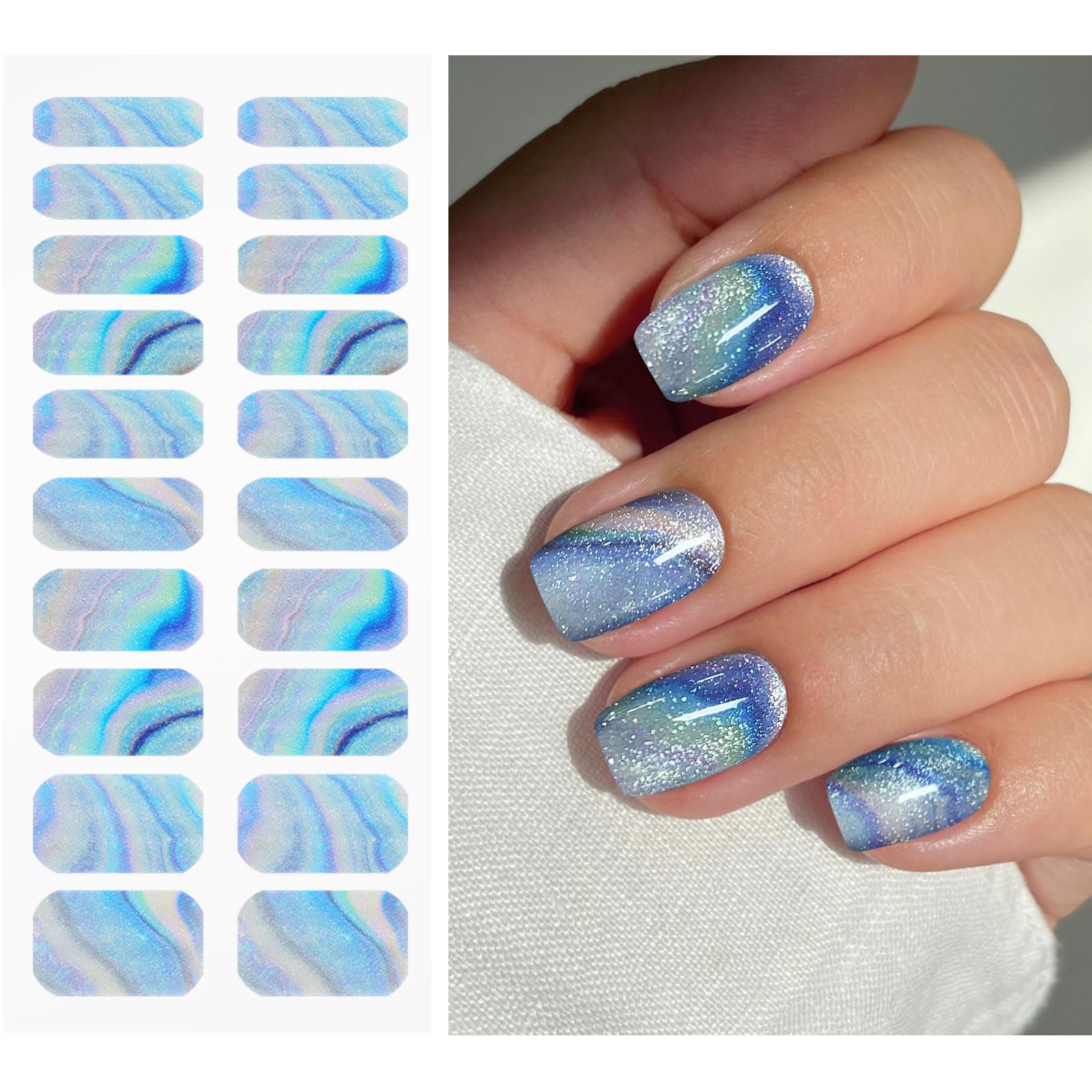 JMEOWIO Gel Nail Stickers Blue Colorful Marble Glitter Semi Cured Gel Nail Strips Wraps UV/LED Nails Art Design Decoration Accessories - Image 3