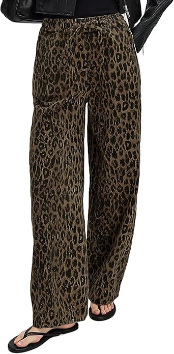 Kedera Womens Leopard Print Jeans Baggy Wide Leg Trousers Mid Rise Y2K Jeans Loose Elastic Waist Drawstring Pants