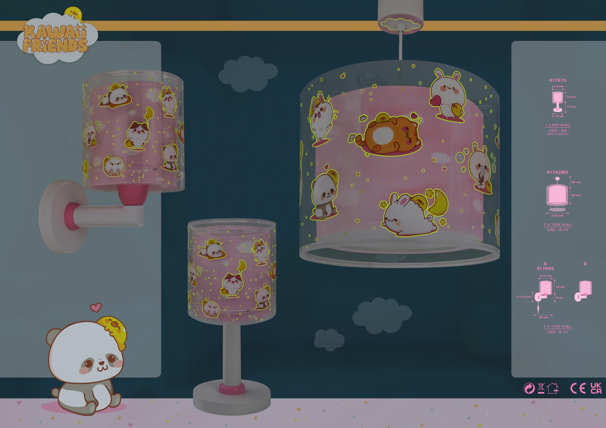 Dalber Lampada a sospensione Kawaii Friends, con animali rosa, modello 41762MS, attacco E27, ideale per bambini e camerette.