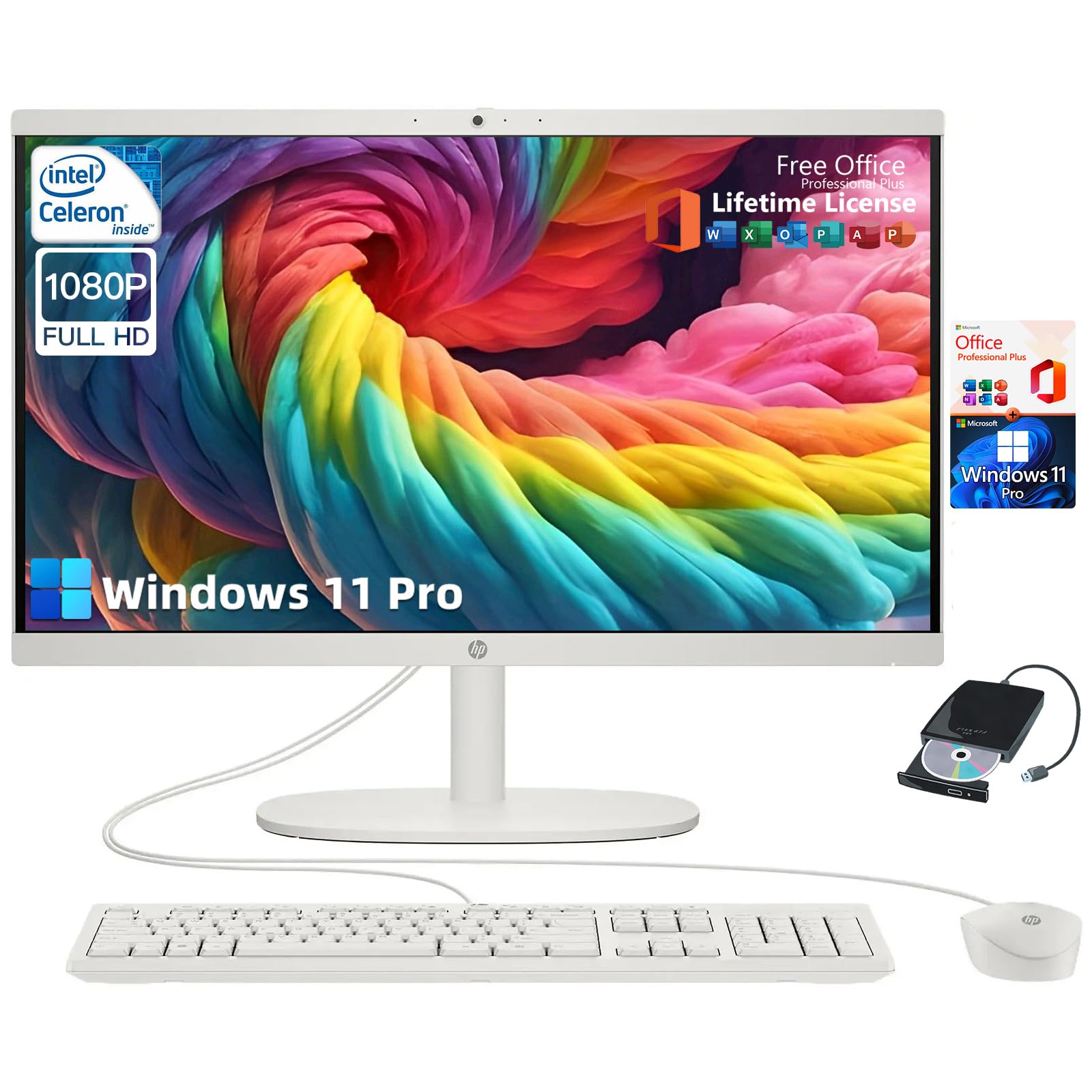 HP21.5-inch All-in-One Desktop Computer - Office Lifetime & Win 11 Pro | FHD Anti-Glare Display | Intel Celeron | HDMI | WiFi6 | Webcam | w/Bundle Accessories | 32GB RAM + 1TB SSD