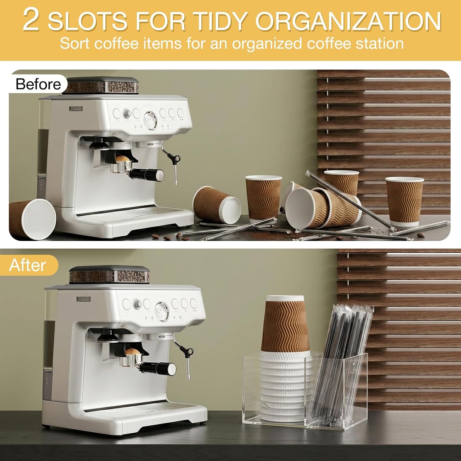 Acrylic Cup Holder for Countertop, 2 Slots Acrylic Coffee Bar Accessories and Organizer Anti Slip Waterproof, Clear Coffee Station Organizer for Cup Lid Straw