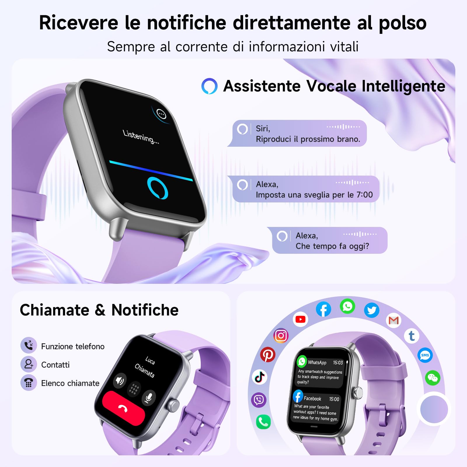 Smartwatch Donna, 1.8" Orologio Smartwatch con Alexa Integrato, Effettua/Risposta Chiamate, Fitness Tracker con Cardiofrequenzimetro/Contapassi/SpO2/Sonno, 110+ Sportive, IP68 per Android iOS- Viola