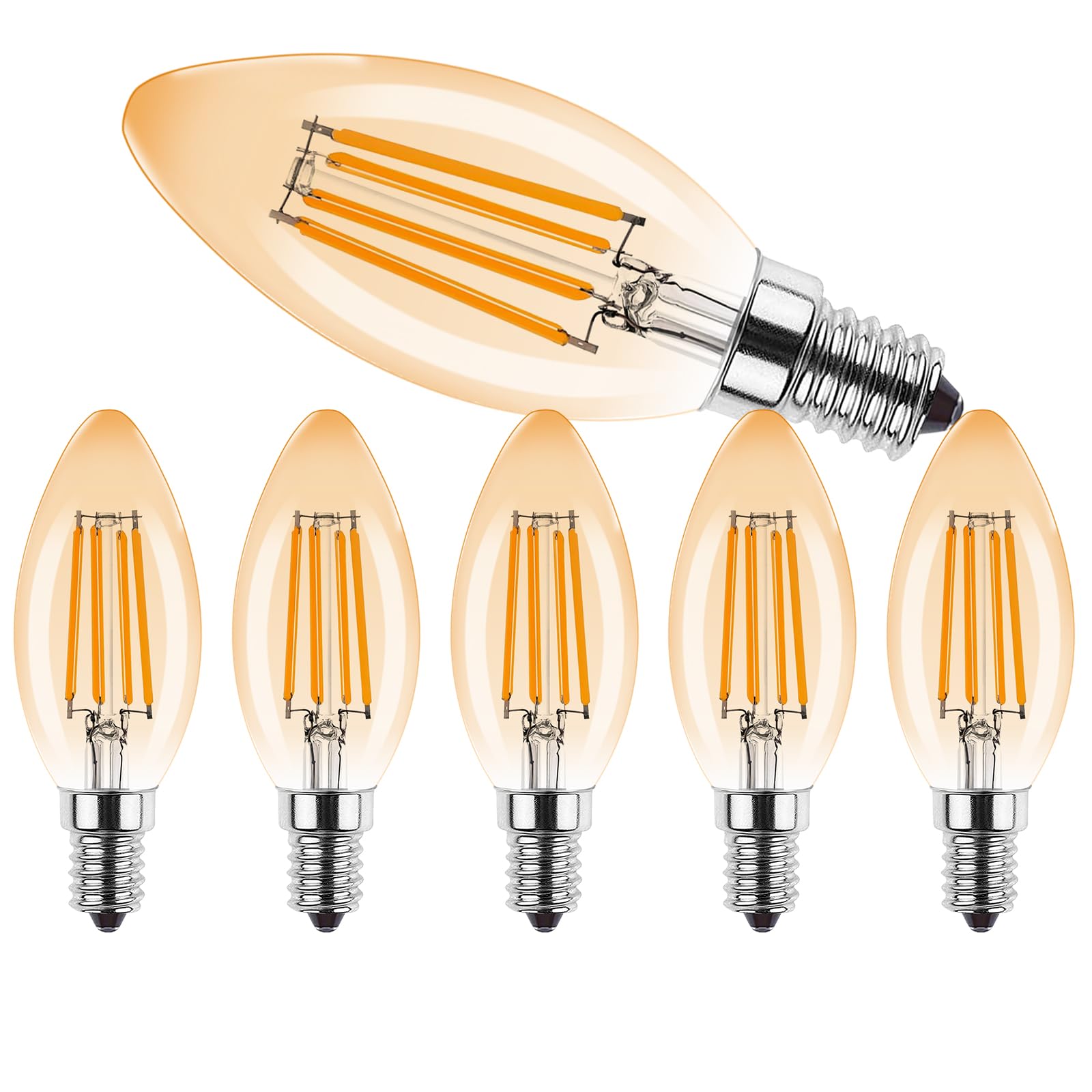 E14 Vintage Dimmable LED Light Bulb,4W LED Candle Light Bulbs,2700K Warm White,Small Edison Screw Candelabra SES LED Bulb,Replaces 35 Watt,for Chandelier,Amber,Pack of 6