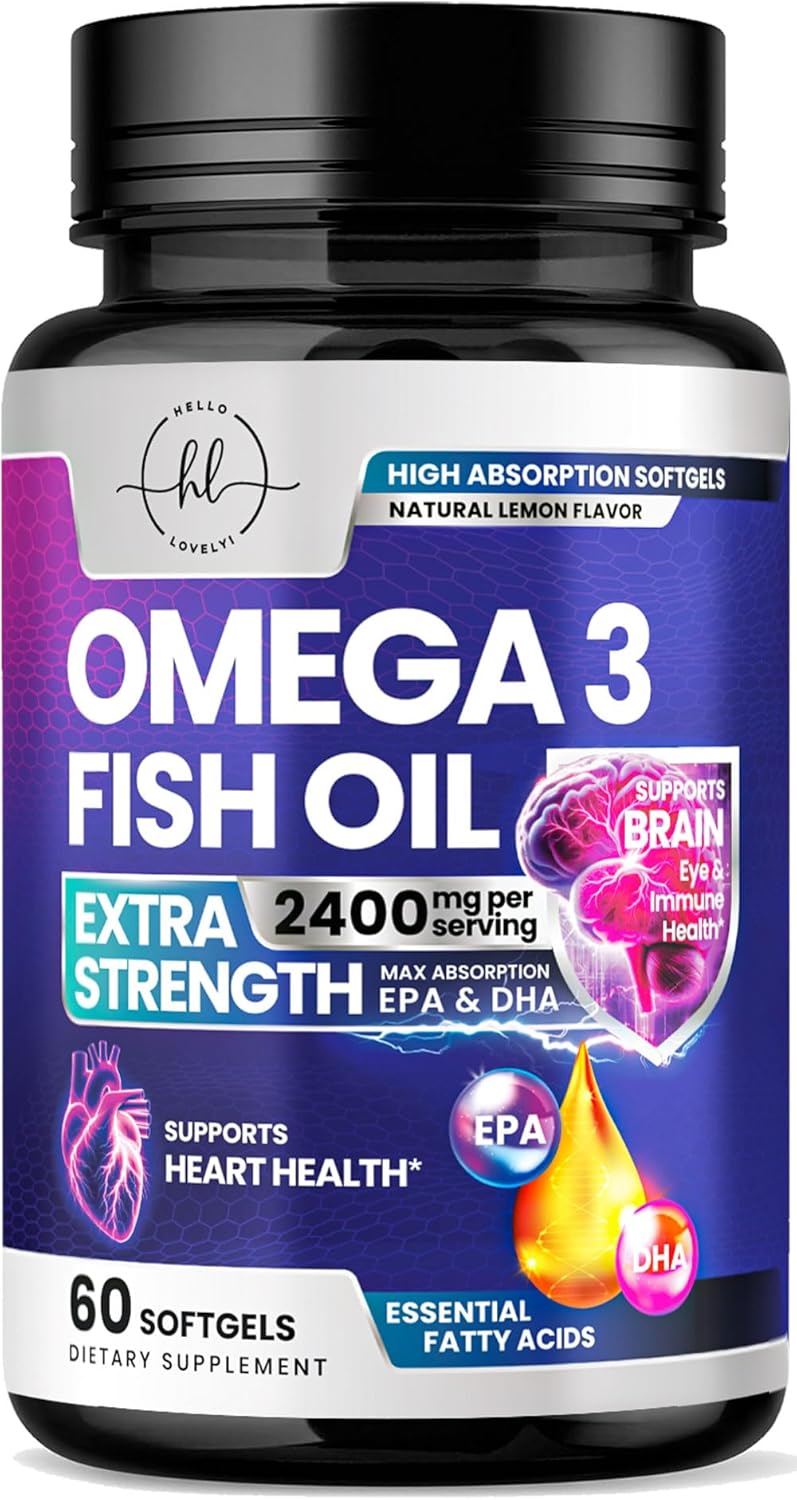 Omega 3 Fish Oil Supplements 2400mg – Triple Strength Omega 3 Fatty Acids, Natural Heart Health Brain & Joint Support – Fatty Acids with EPA & DHA – Wild Caught Fish Oil Supplement – 60 Softgels