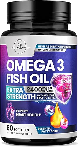 Suplementos de aceite de pescado Omega 3 de 2400 mg - Ácidos grasos Omega 3 de triple fuerza, salud natural del corazón y apoyo articular - Ácidos