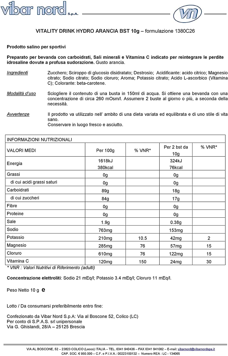 SPAS Vitality Drink integratore con magnesio, potassio, vitamina C ed E bevanda isotonica con maltodestrine sali minerali per sport e attività fisica e lavori faticosi | arancia | 10g x 200 pz