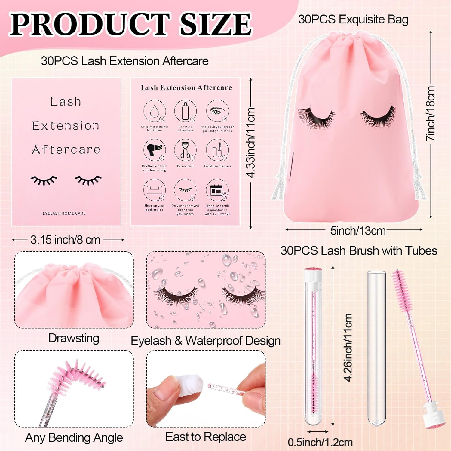 Zhehao 150 Pcs Lash Shampoo Kit Bottle Brushes Bulk 30 Eyelash Dispensers 30 Lash Shampoo Brushes 30 Reusable Aftercare Bag 30 Eyelash Pipes 30 Extension Aftercare Cards(Pink)