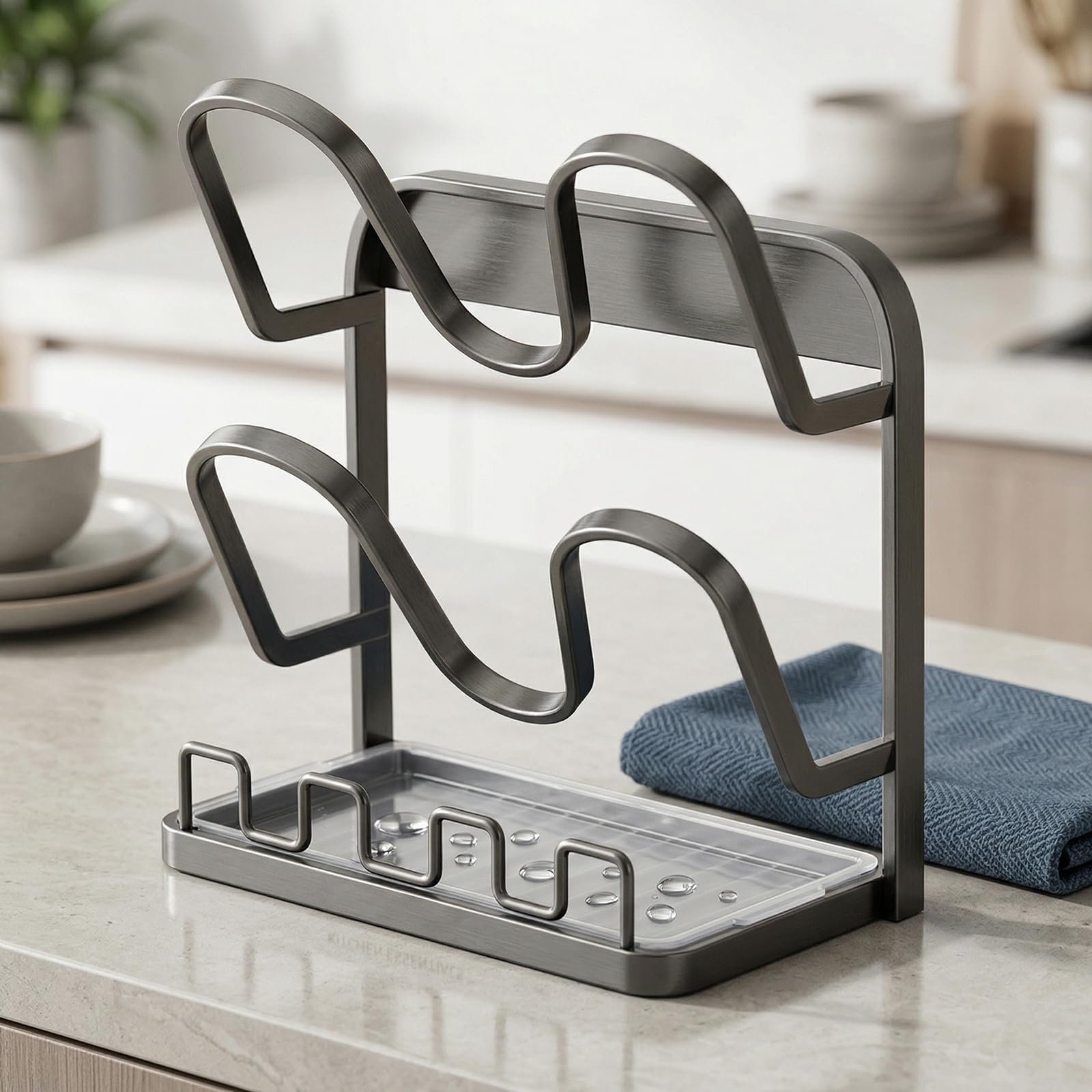 Countertop Pot Lid Organizer with Drip Tray and Spoon Rest (Black,