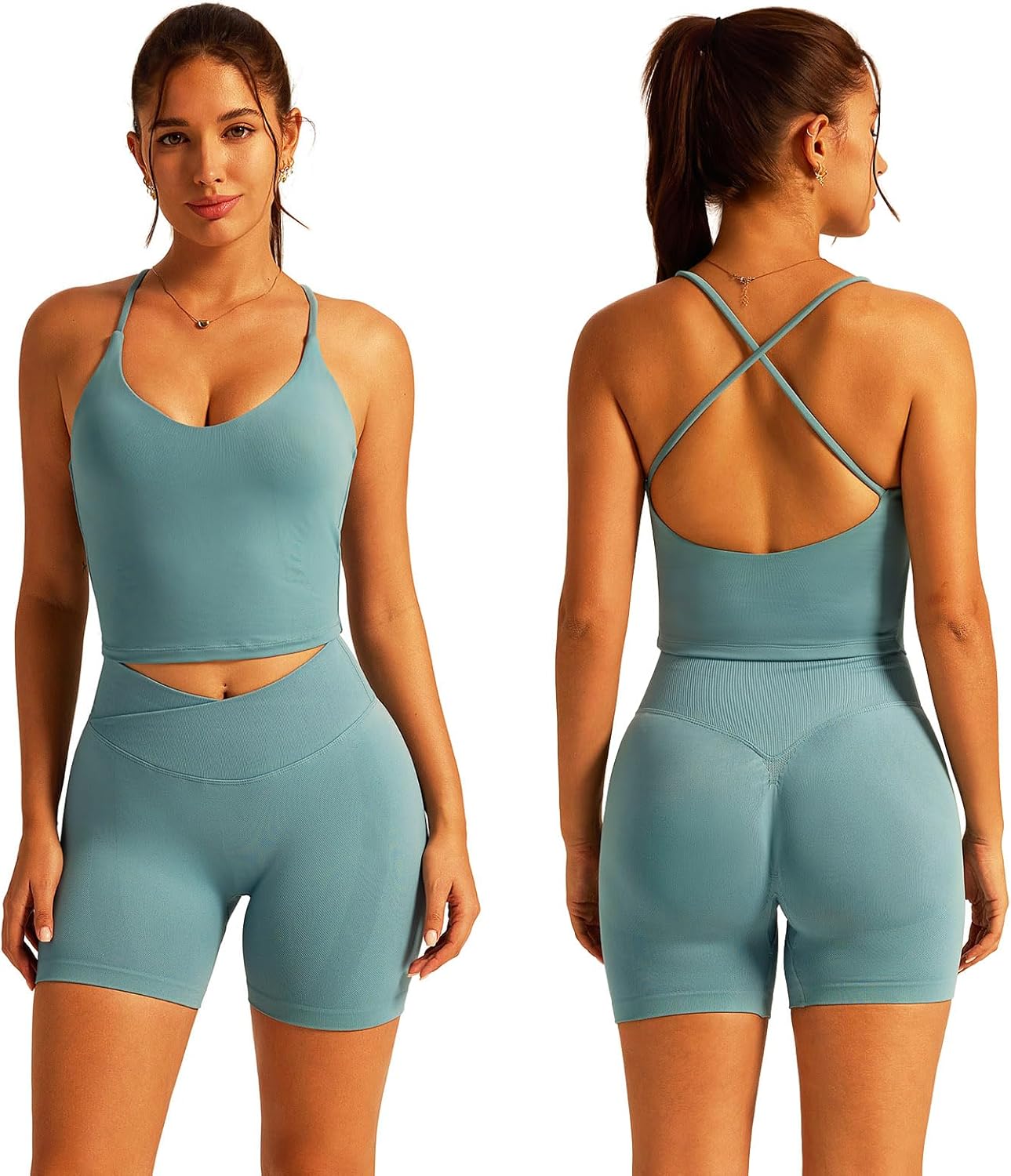 ABOCIW Workout Sets for Women 2 Piece V Neck Cross Back Tank Crossover Waist High Waist Biker Shorts Gym Sets