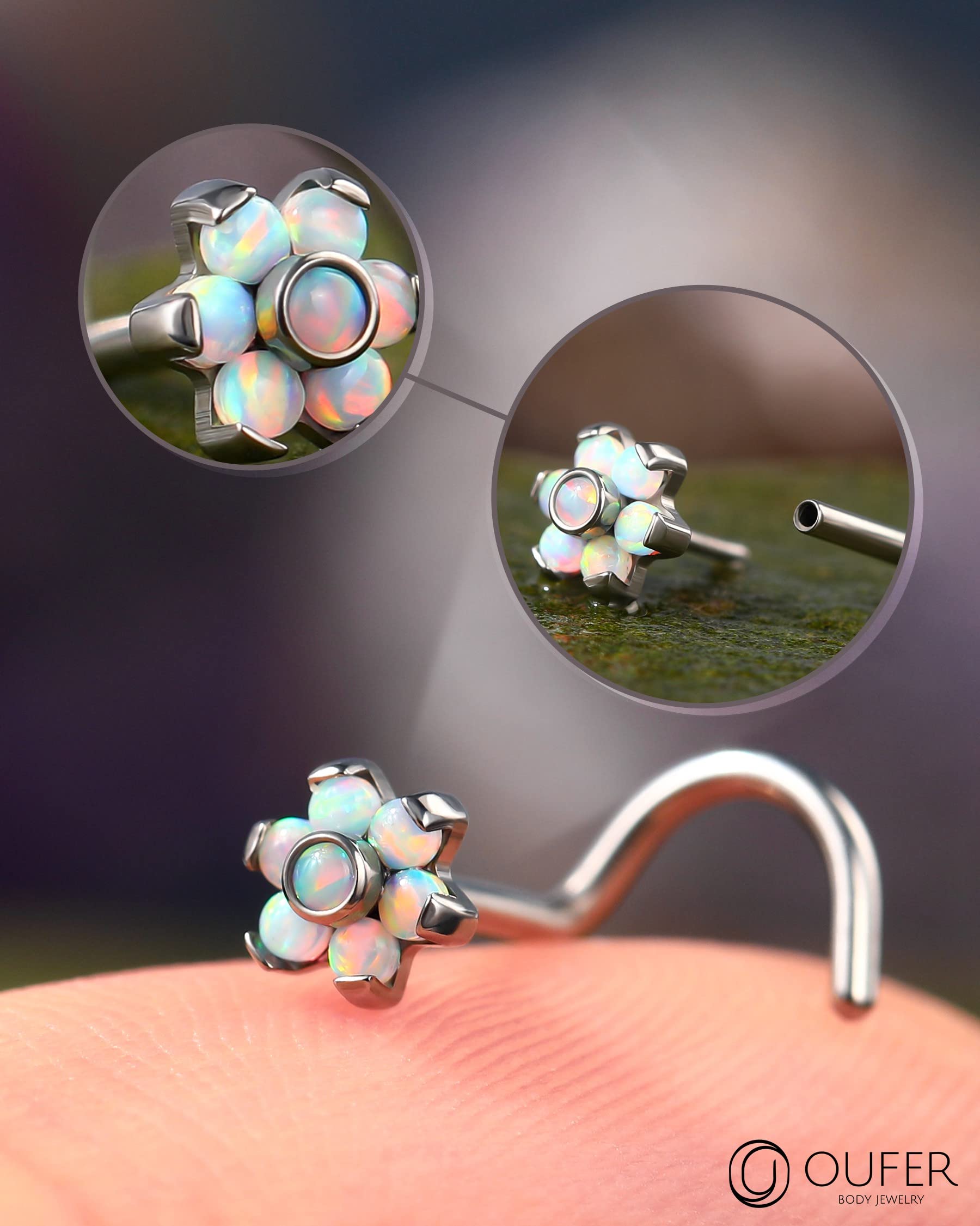 OUFER 20G Nose Screw Studs, Flower Designed Clear CZ Paved Push-in Nose Rings, G23 Solid Titanium Nose Studs, Nostril Piercing Jewelry for Women and Men