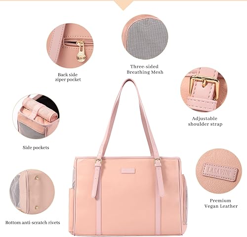 Miniatura 4 de Bolsa de cuero para perros pequeños, gatos, cachorros, bolsa de mano portátil aprobada por aerolíneas (rosa)