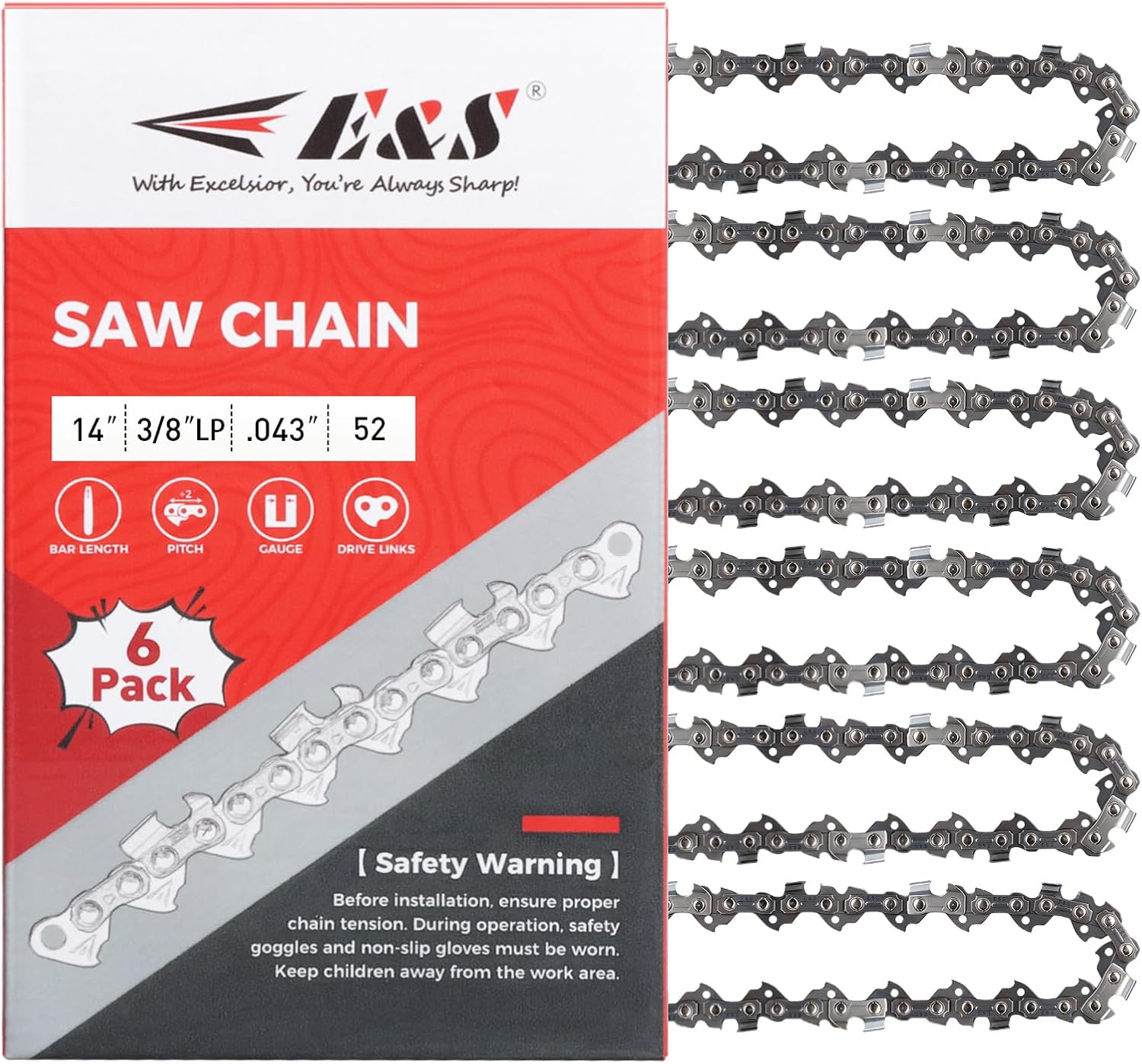 E & S 6 Pack 14 Inch Chainsaw Chain 3/8" LP Pitch .043" Gauge 52 Drive Links Semi-Chisel Chain Saw Chains for Oregon, Stihl, Husqvarna, Poulan, Craftsman, Greenworks and More Chainsaw Brands