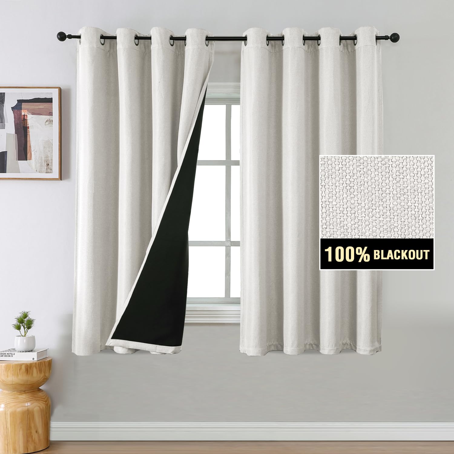 FantasDecor Linen Texture Curtains 100% Blackout Curtains 63 Inch for Bedroom Grommet Top Blackout Thermal Curtains Bedroom Darkening Curtain 2 Panels Dining Room Blinds, Ivory
