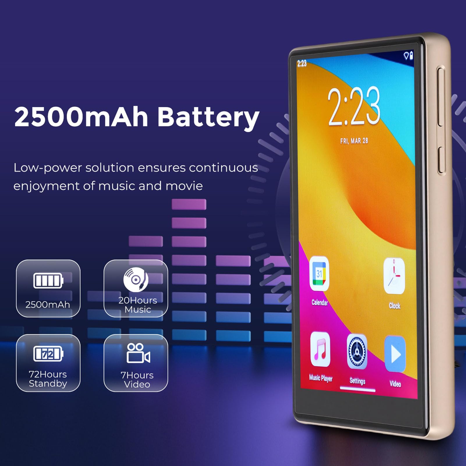 Lettore MP3 con Wi-Fi, lettore musicale touchscreen, Bluetooth 5.0, per 11, 3 GB, 32 GB, audio senza perdite, portatile per viaggi (oro)