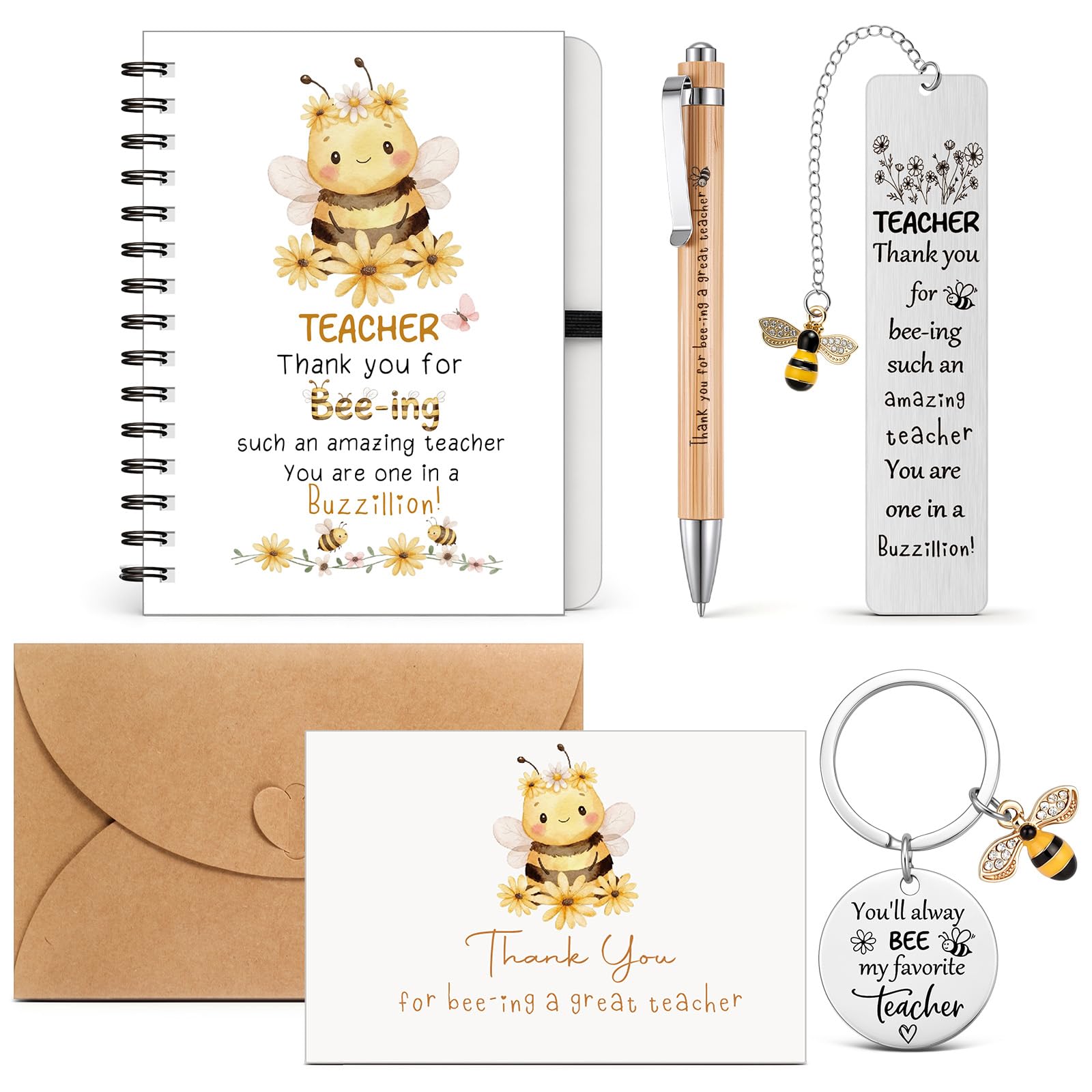 BBTO 1 Sets Teachers Appreciation Gift Set Includes Notebooks Keychains Bookmarks Ballpoint Pens Thank You Cards with Envelopes for Women End of Year School Teachers Thank You (Bee)