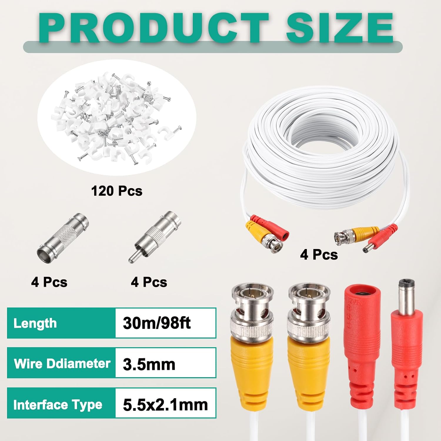MECCANIXITY BNC Video Power Cable,30m/98ft All-in-One Security Camera Wire Cord DC Extension Wire for CCTV Security DVR Camera System Installation Plug & Play Cord,4 Set White