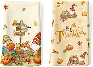 Arquiel Lot de 2 Torchons de Cuisine Automne GNOME Décoratif Essuie Main Absorbante 100% Coton Torchon Vaisselle Saisonnier Cadeaux pour Crémaillère et Cuisine 48 cm x 70 cm