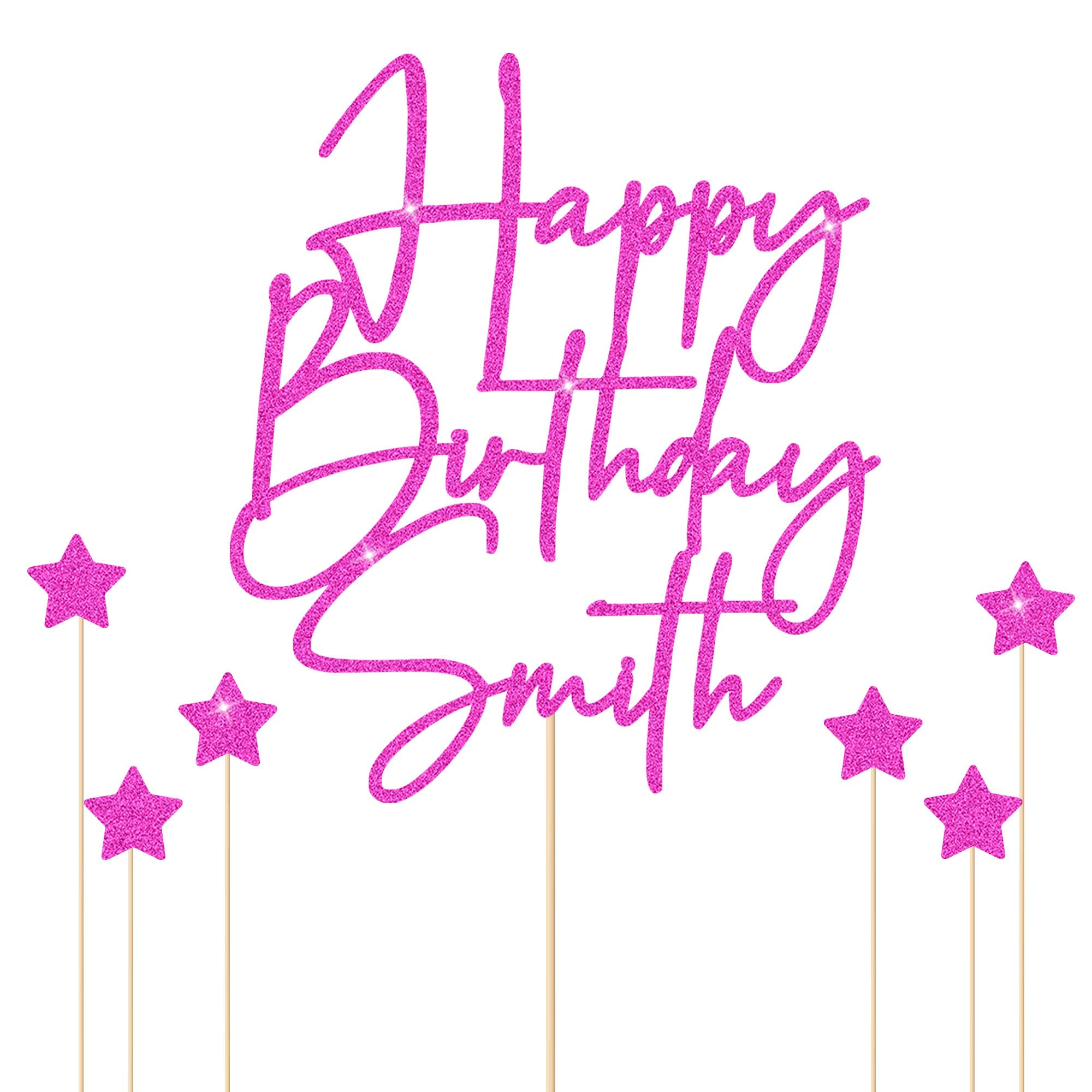Glitagifts Personalised Happy Birthday Cake Topper, 11 Colours Glitter Cake Decoration with Any Name, Birthday Party Supplies for Boys and Girls Women Man (Pink)