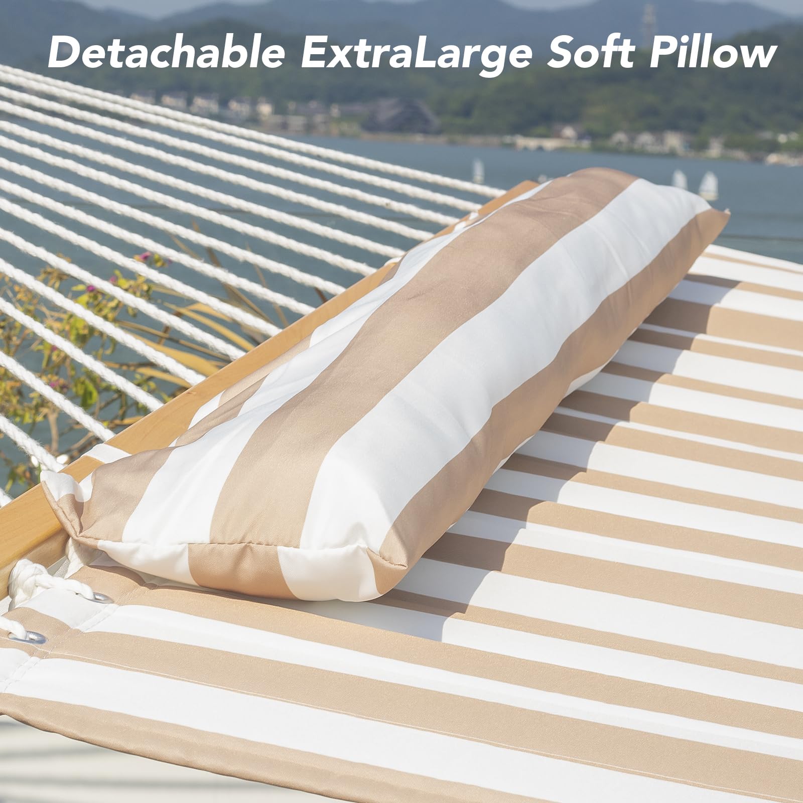Hamaca de tela acolchada con barra separadora, hamaca doble para 2 personas con almohada y cadenas, hamaca para exteriores, patio, piscina, patio, playa, capacidad de 450 libras,