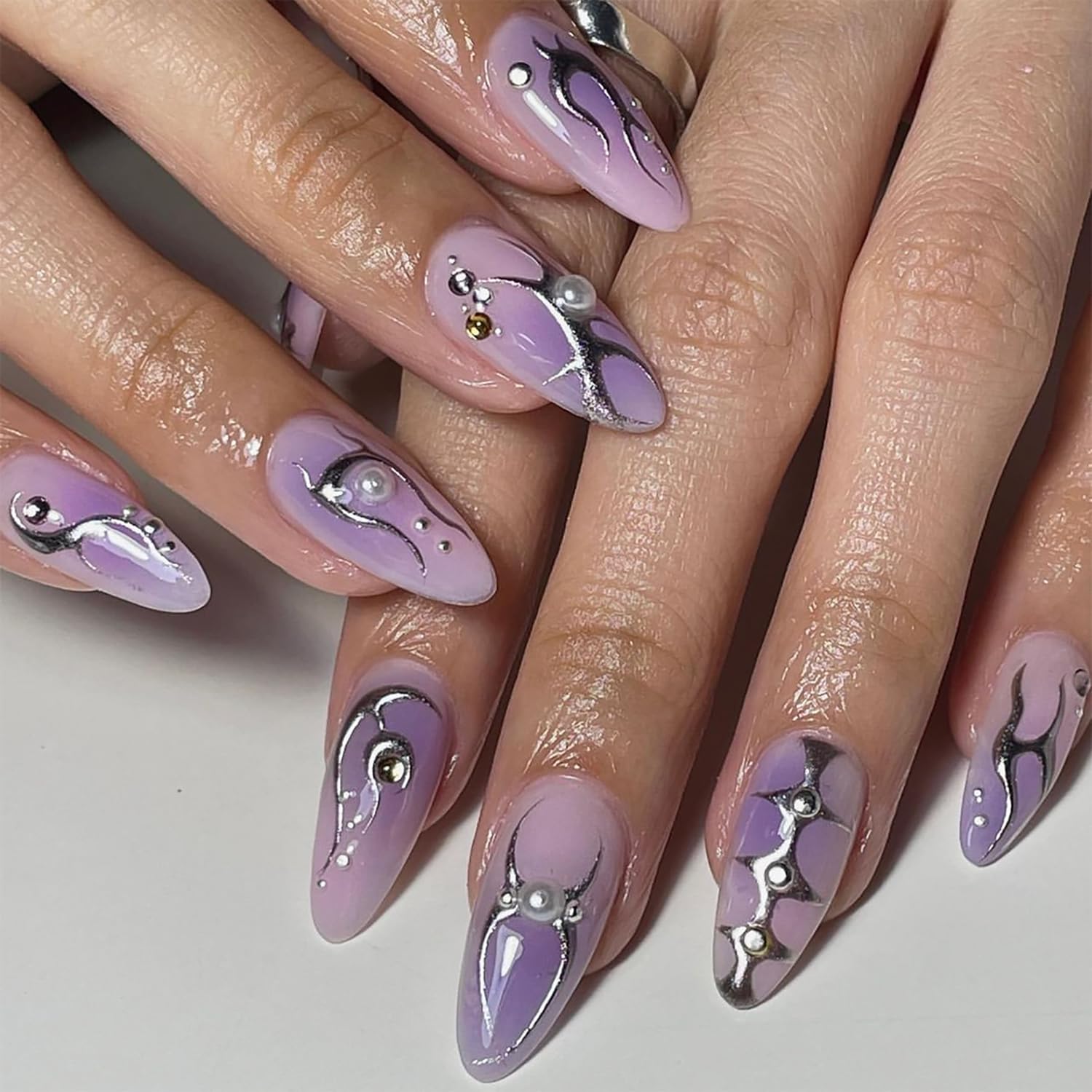 Press on Nails Medium Length Almond Acrylic Nails - Purple