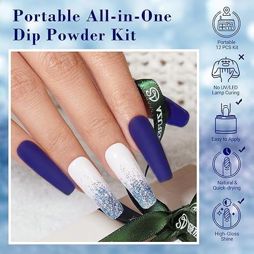 Miniatura 4 de AZUREBEAUTY Kit de 12 piezas de polvo de inmersión para uñas, color blanco acuario, azul marino, purpurina, 4 colores, acrílico, polvo de inmersión