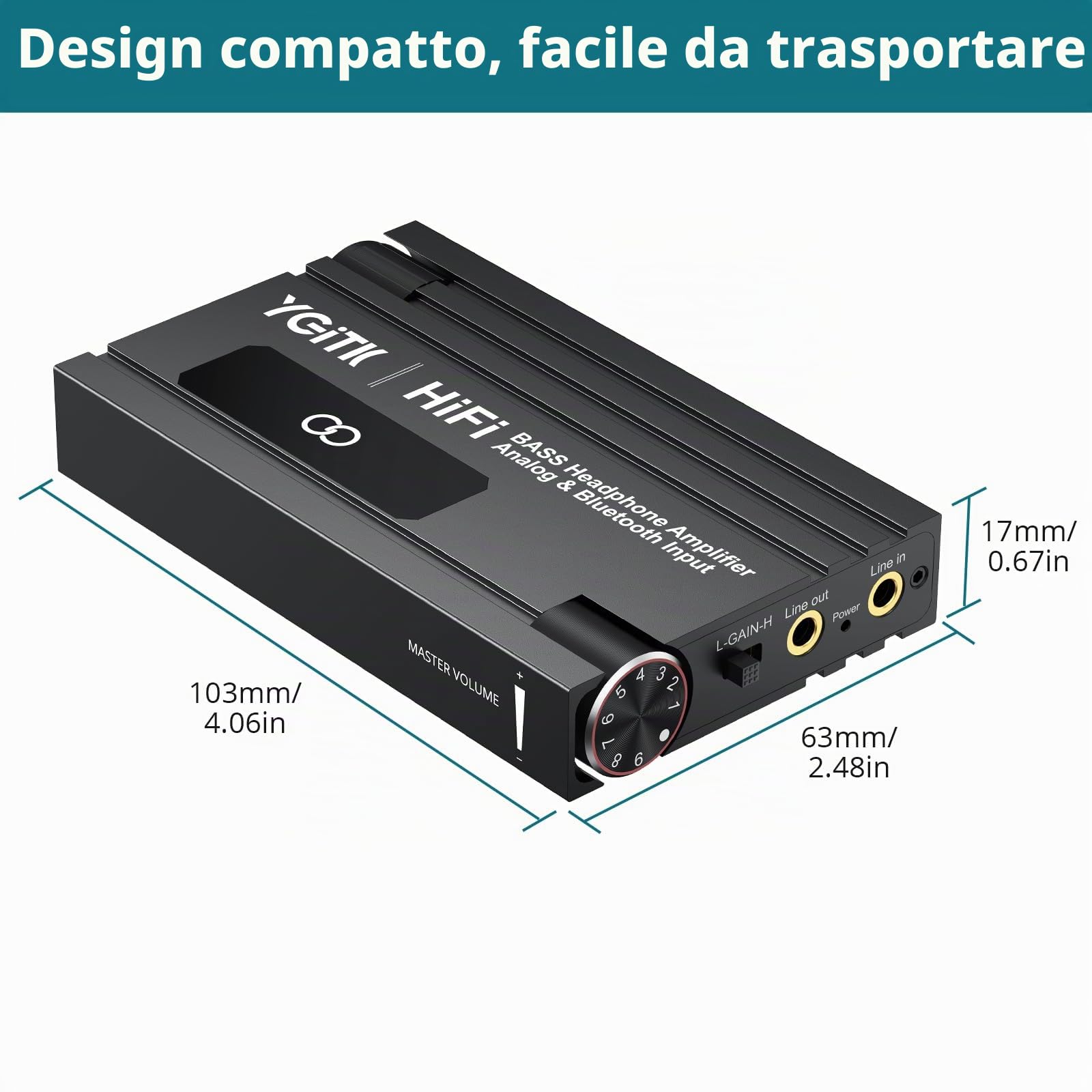Amplificatore per Cuffie HiFi Portatile Bluetooth 5.1 con Bass Regolabile, Amplificatore per Cuffie Audio 16-600Ω, Ingresso/Uscita 3.5mm, Guadagno a Due Livelli, Batteria 24H, Alloggiamento in