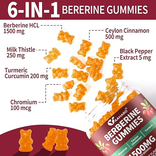 Miniatura 3 de Paquete de 2 gomitas de berberina con canela de Ceilán, suplemento HCI de berberina de 1500 mg con cromo, cúrcuma y cardo mariano, apoyo