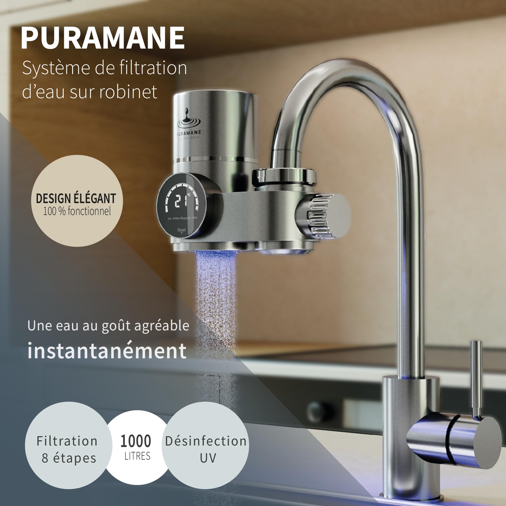 Marque Française: Filtre Eau Robinet Cuisine, Purificateur d'eau à Charbon Actif, Écran LED, Filtre à eau UV, Filtration instantanée Anti Calcaire, système avec une Cartouche Filtrante