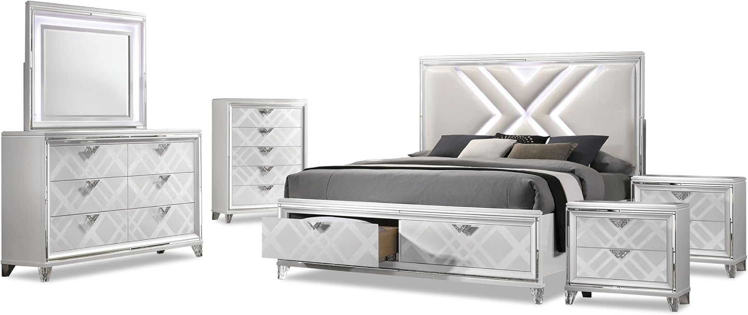 HOMES: INSIDE + OUT Quasar Modern Wood 6-Piece Bedroom Set with LED Lights in Headboard and Mirror, USB Charger Behind Nightstand, Hidden Jewelry Drawers for Bedroom, Queen, White