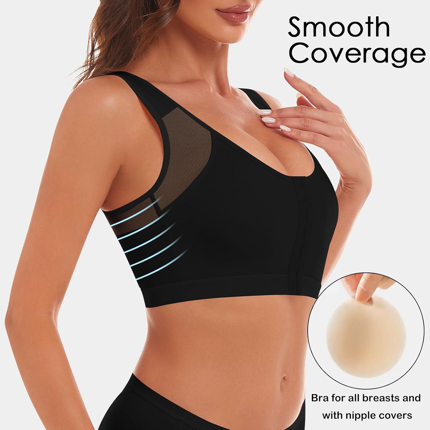 Women's Front Closure Posture Corrector Bra Wireless Back Support Bras for Women Comfy Unlined with Nipple Covers - Image 3