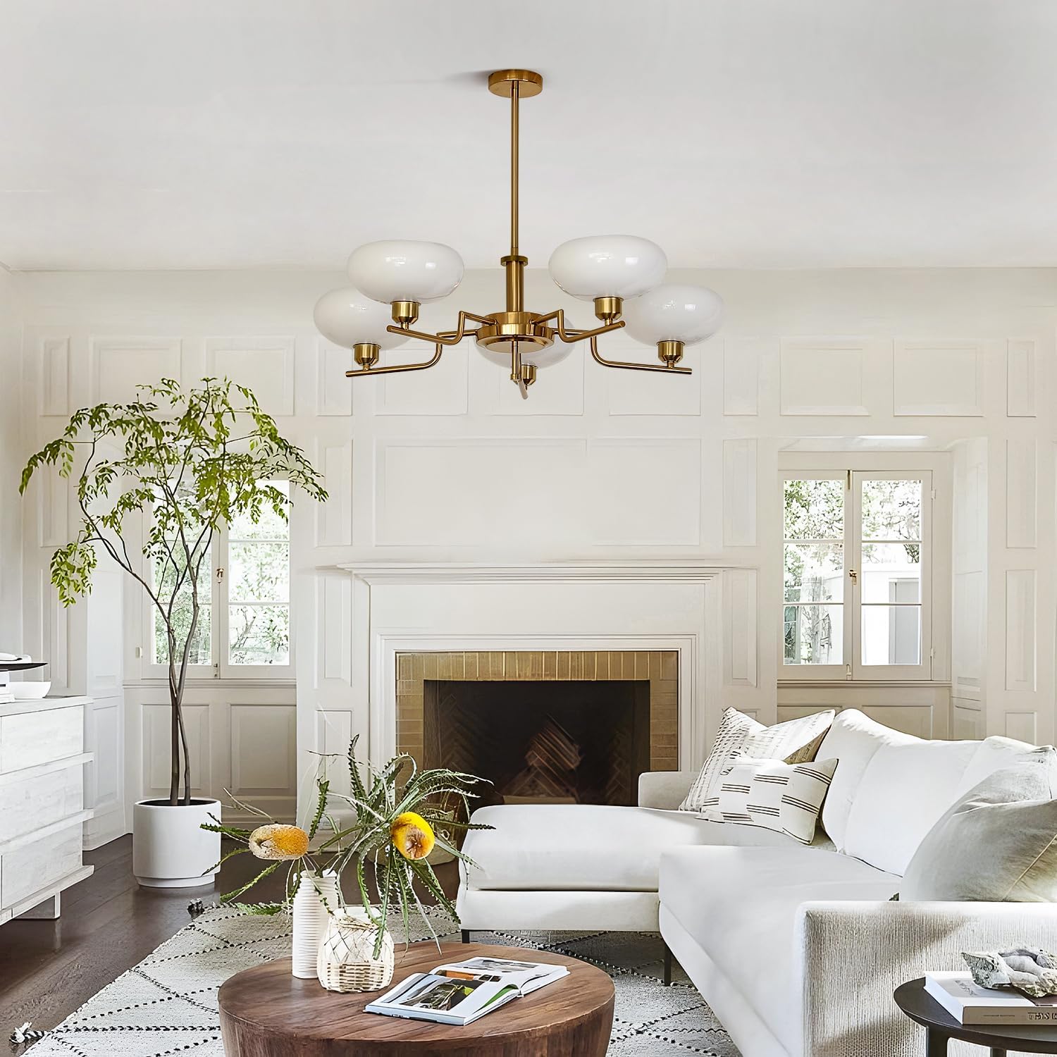 Mid Century Hanging Modern Chandelier, 5-Light Sputnik Globe Glass Ceiling Light Fixture Adjustable Hanging Farmhouse Chandelier with Milk White Glass Shades for Dining Room Living Room Bedroom