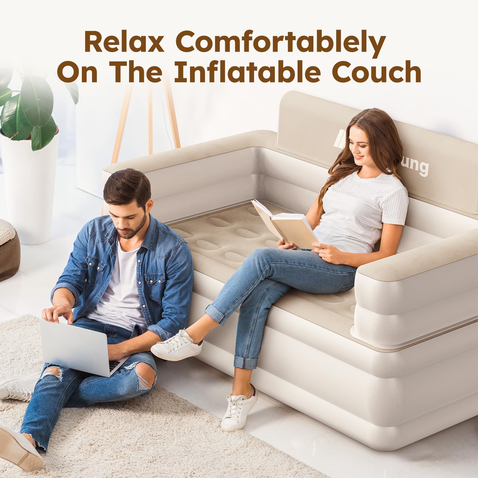 Mr.Young Inflatable Couch for Home & Outdoor | Blow Up Air Sofa | Velvety Surface | Included Air Pump | 2-in-1 Valve | Portable Folding Couch | 60