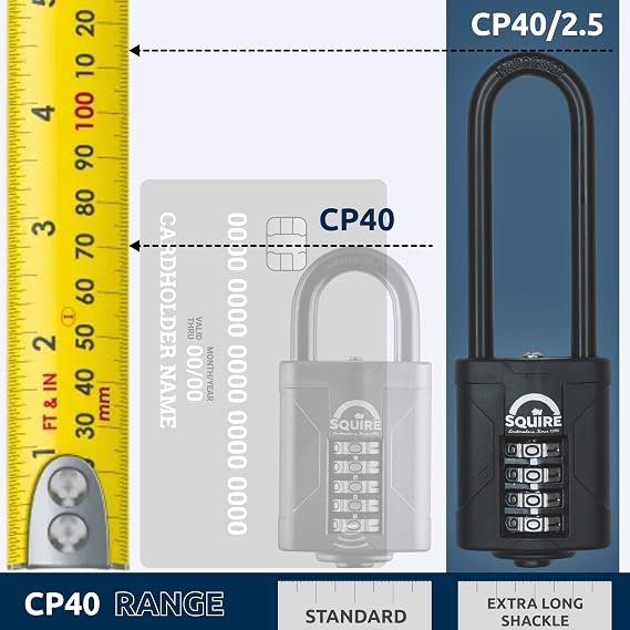 Squire Combination Padlock CP40/2.5 – 40mm Long Shackle Combination Padlock (Black) – Re-Codable 4-Digit Push Button Lock – Ideal for Gates & Large Lockers