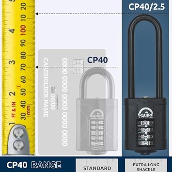 Squire Combination Padlock CP40/2.5 – 40mm Long Shackle Combination Padlock (Black) – Re-Codable 4-Digit Push Button Lock – Ideal for Gates & Large Lockers